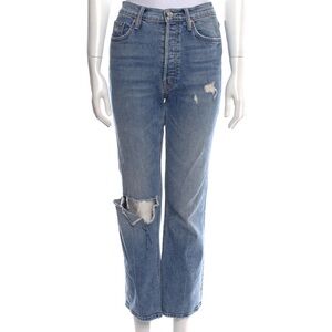 MOTHER Blue Straight Leg Jeans with Distressed Details